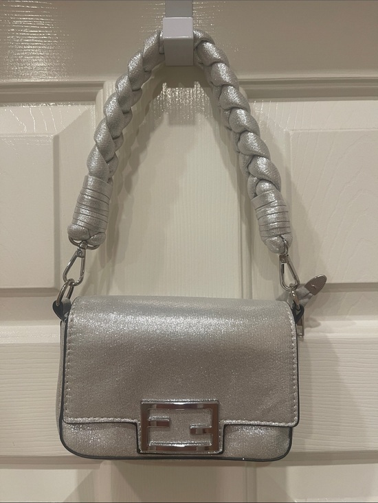 None Handbags - Silver Metallic Women's Bag with Braided Handle 7”W 4”H
